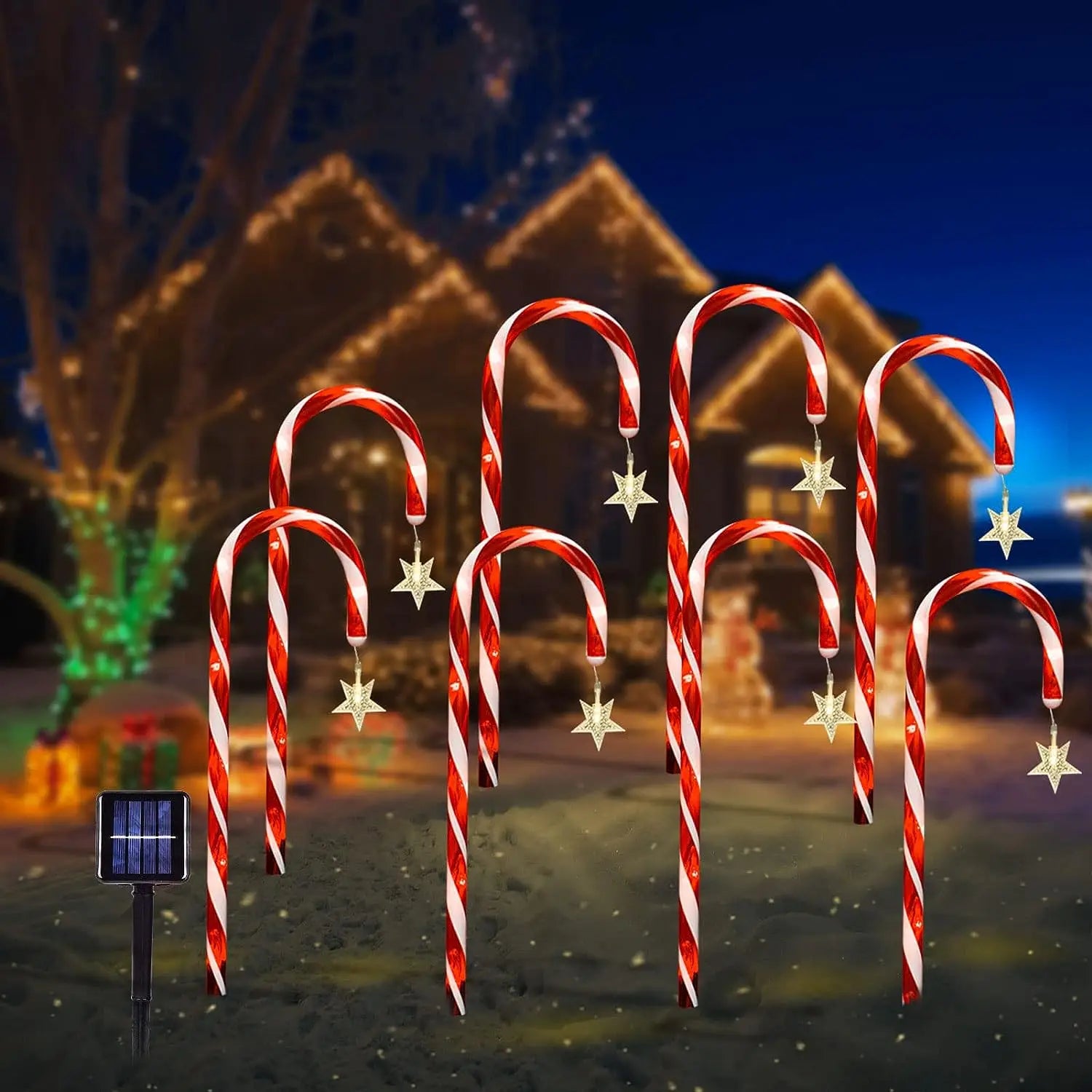 Set of 5 candy lane solar-powered pathway lights, including solar panel.