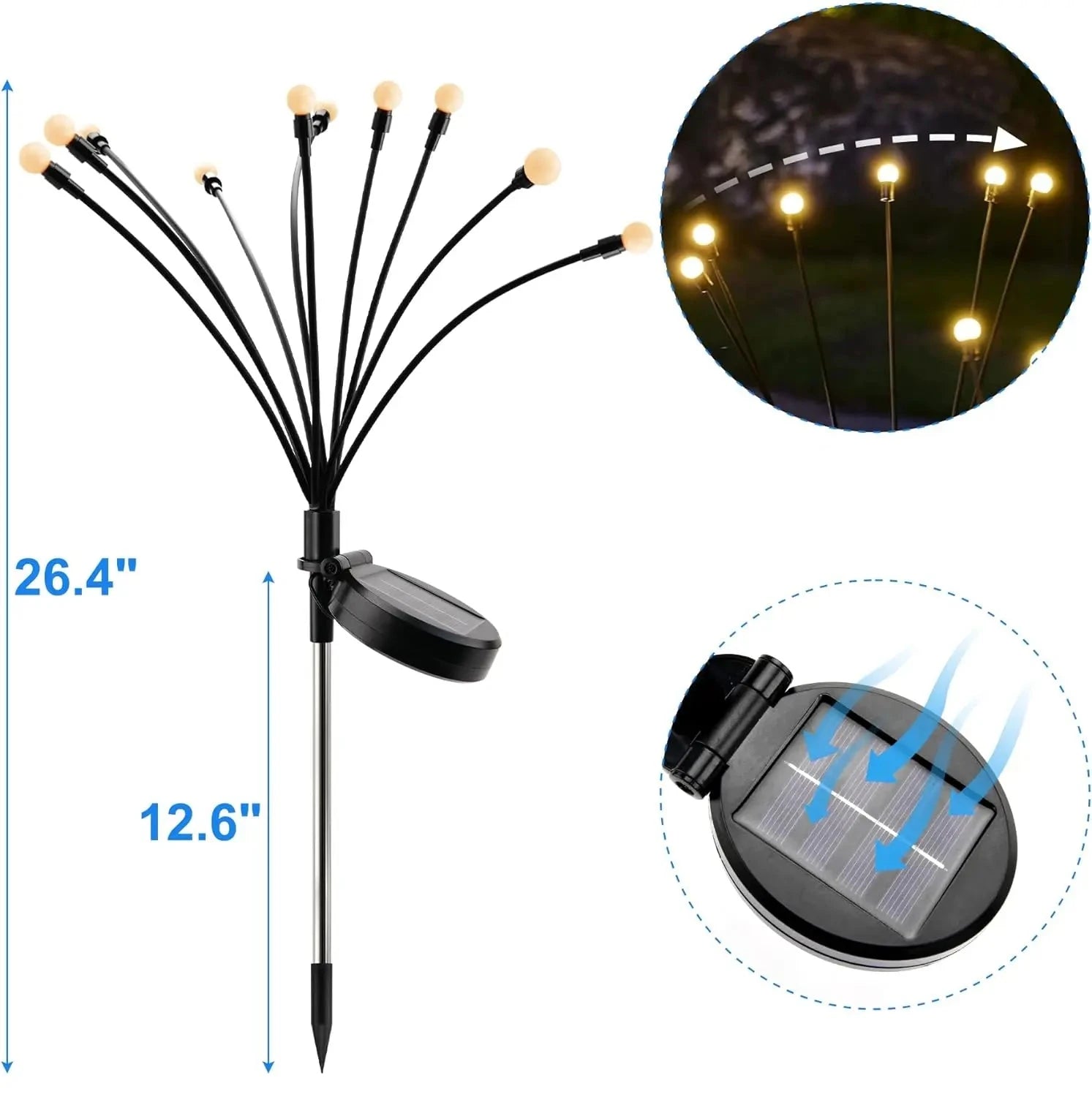 Diagram showing firefly light dimensions and solar panel.