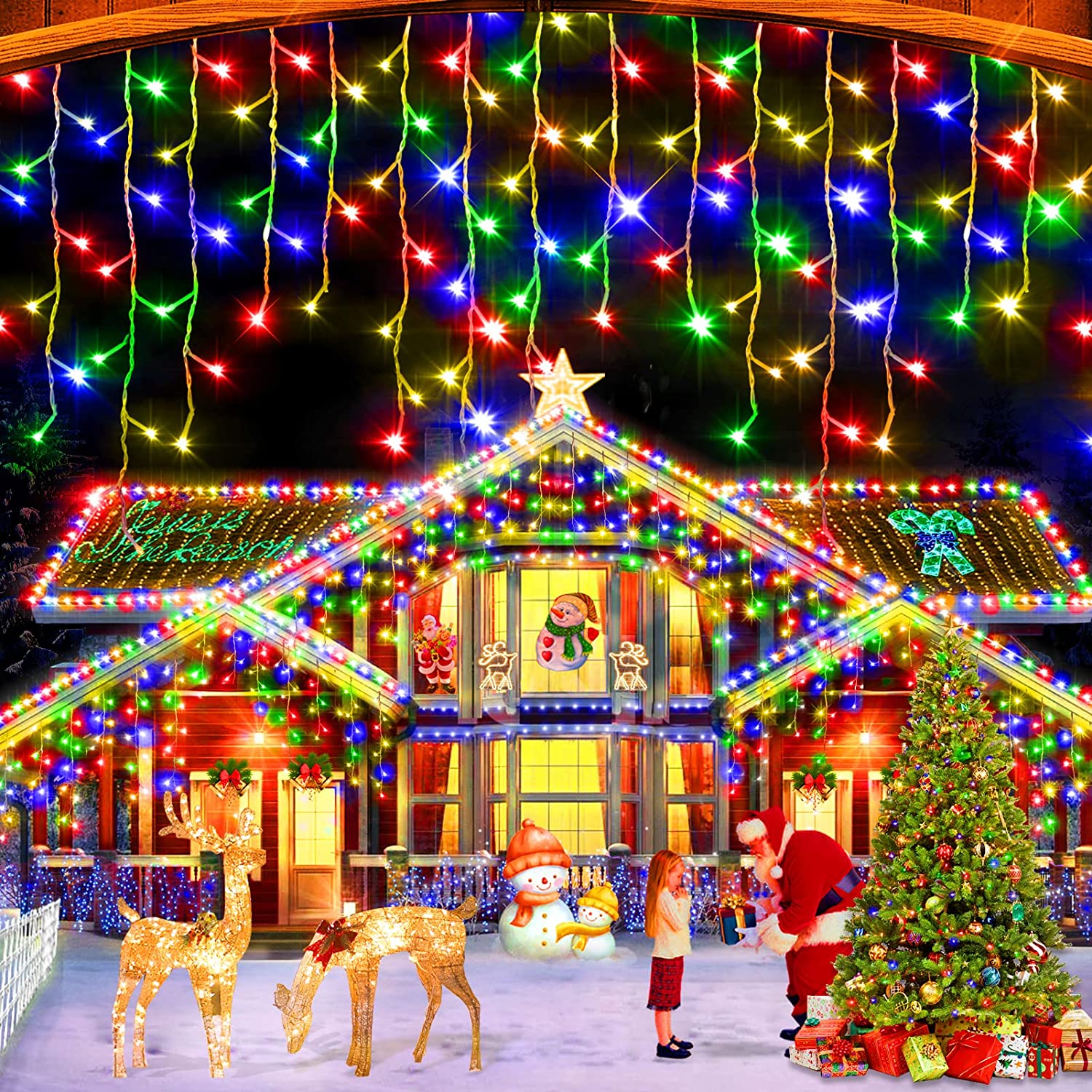 multicolor icicle lights in Christmas festive display