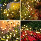 4 Photos of LED firefly outdoor lights in different yards, surrounded by roses and other flowers.