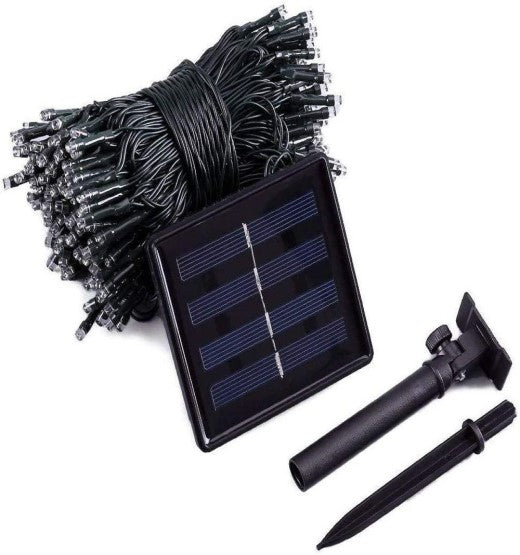 pack of solar fairy lights, solar panel and ground spike