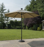 beige large garden parasol with LED lights