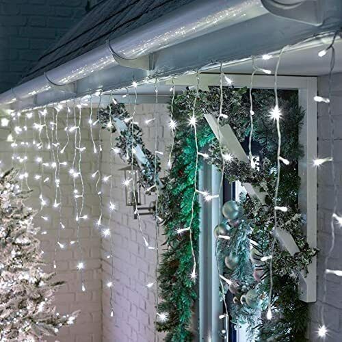 white LED icicle lights suspended on roof