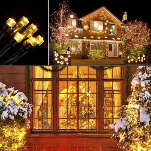 warm white solar fairy lights used in a festive Christmas display